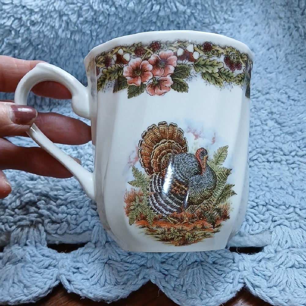 Autumn Turkey Ceramic Mug in White with Fall Floral Trim